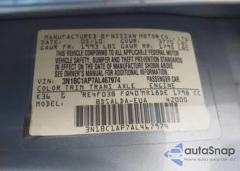 2010 Nissan Versa 1.8S z USA, uszkodzony, nr VIN 3N1BC1AP7AL467974